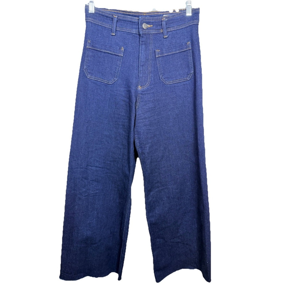 Zara Wide Leg Palazzo Jeans Womens 6 Dark Wash High Rise Raw Hem Sailor Chic